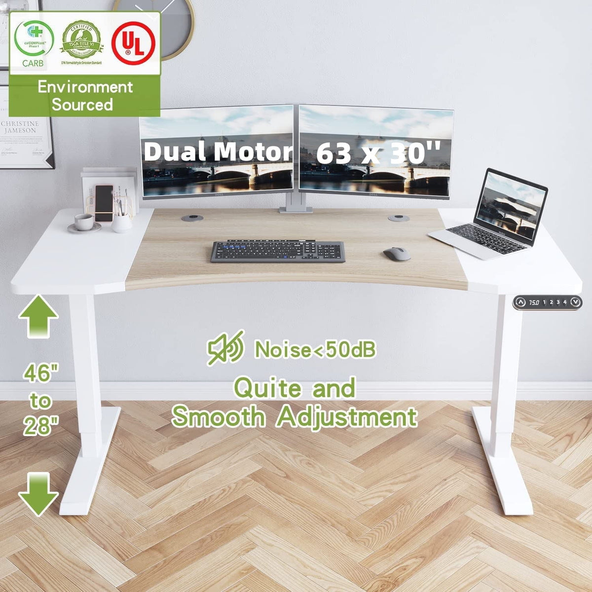 Dual Motor Height Adjustable Standing Desk 63 x 30''  Height Adjustable Computer Desk Sit Stand Desk Home Office Desks with Splice Board White Frame + White Top