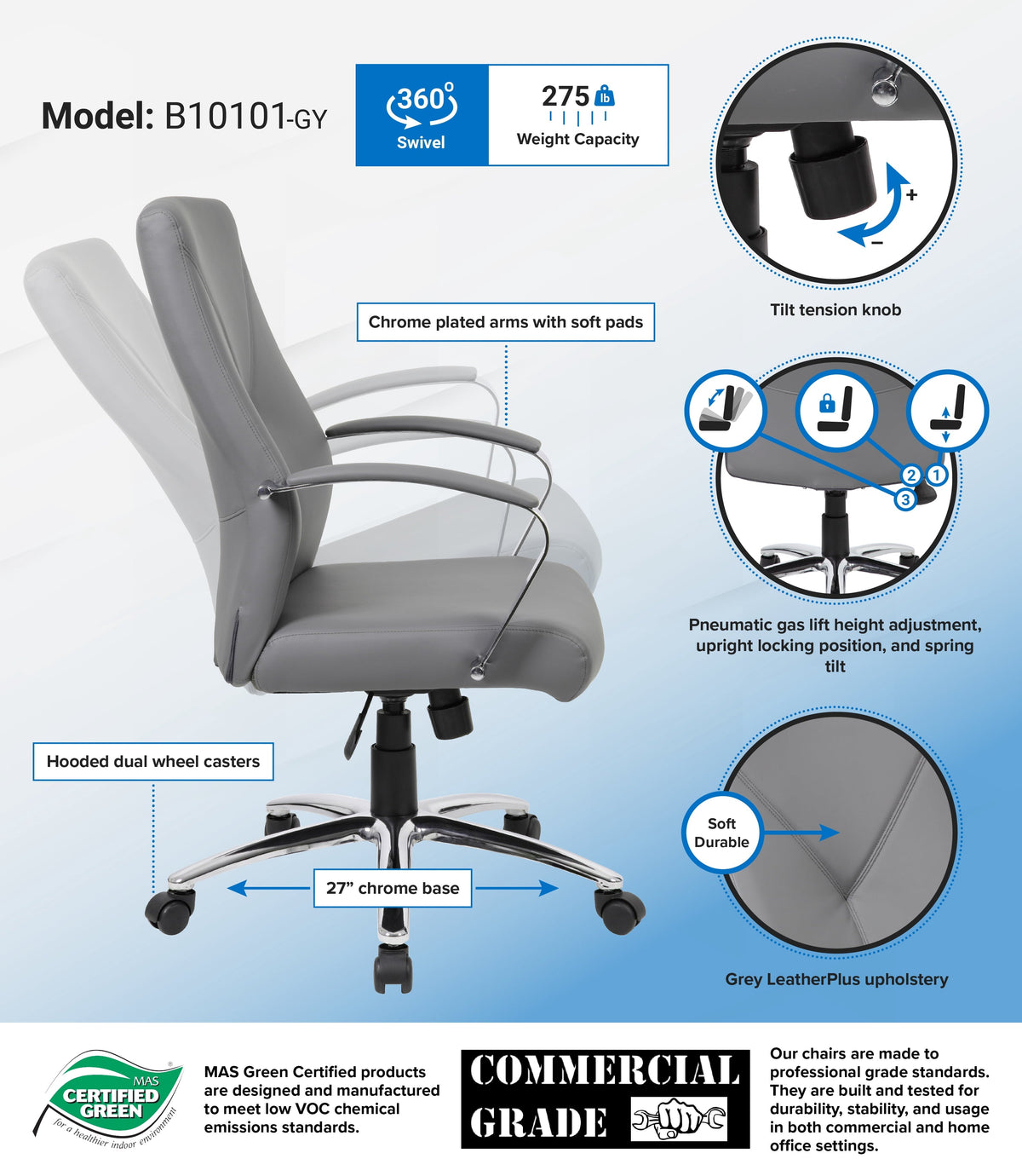 Boss Office Products LeatherPlus Home Office Adjustable Executive Chair with Casters. Grey