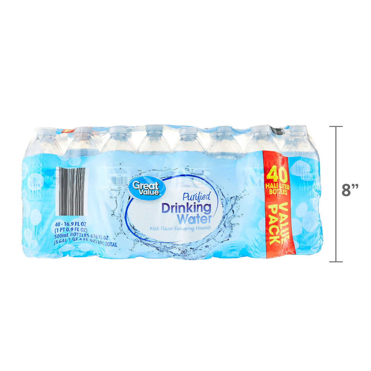 Great Value Purified Drinking Water. 16.9 fl oz Bottles. 40 Count Pack