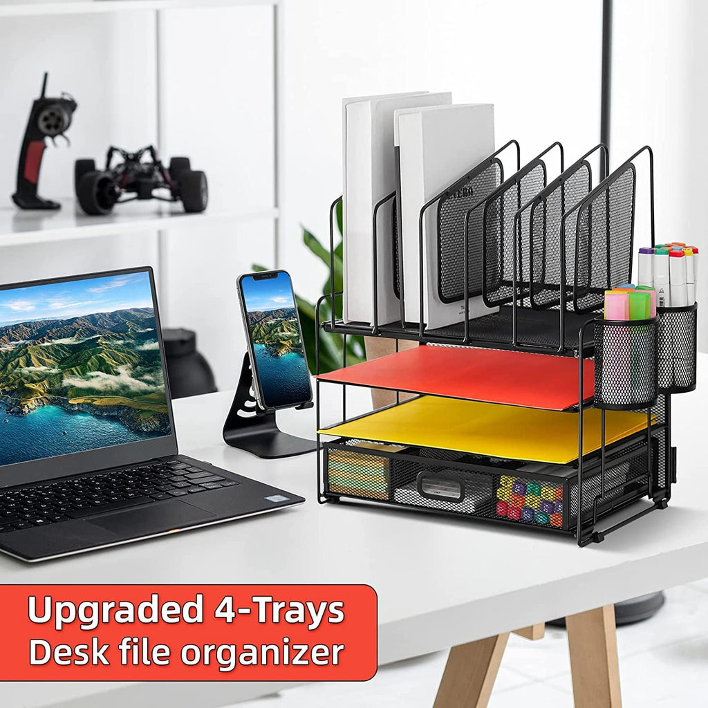 Marbrasse Mesh Desk Organizer with Drawer. 4-Tier File Holder