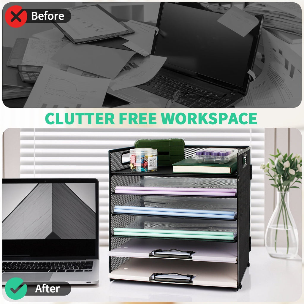 PHANCIR 6-Tier Mesh Desk Paper Organizer Tray with Handle. Black