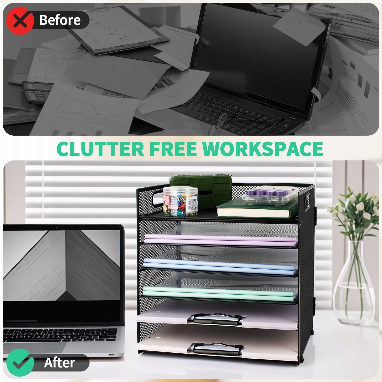 PHANCIR 6-Tier Mesh Desk Paper Organizer Tray with Handle. Black