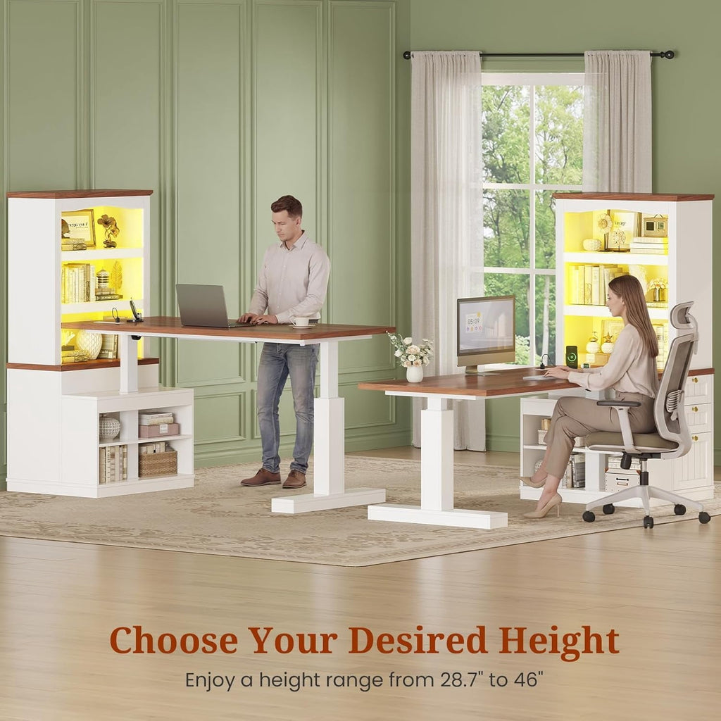 Farmhouse Standing Desk Adjustable Height with 3-Tier Bookcase. 70 Executive Electric Office Desk with Power Outlets and Led Light. Sit Stand Computer Desk with Storage Shelves. File Drawers. White