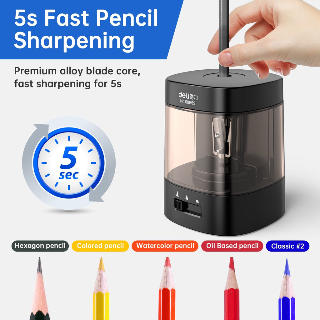 Deli Electric & Battery Pencil Sharpener. Automatic with Adjustable Thickness. Black