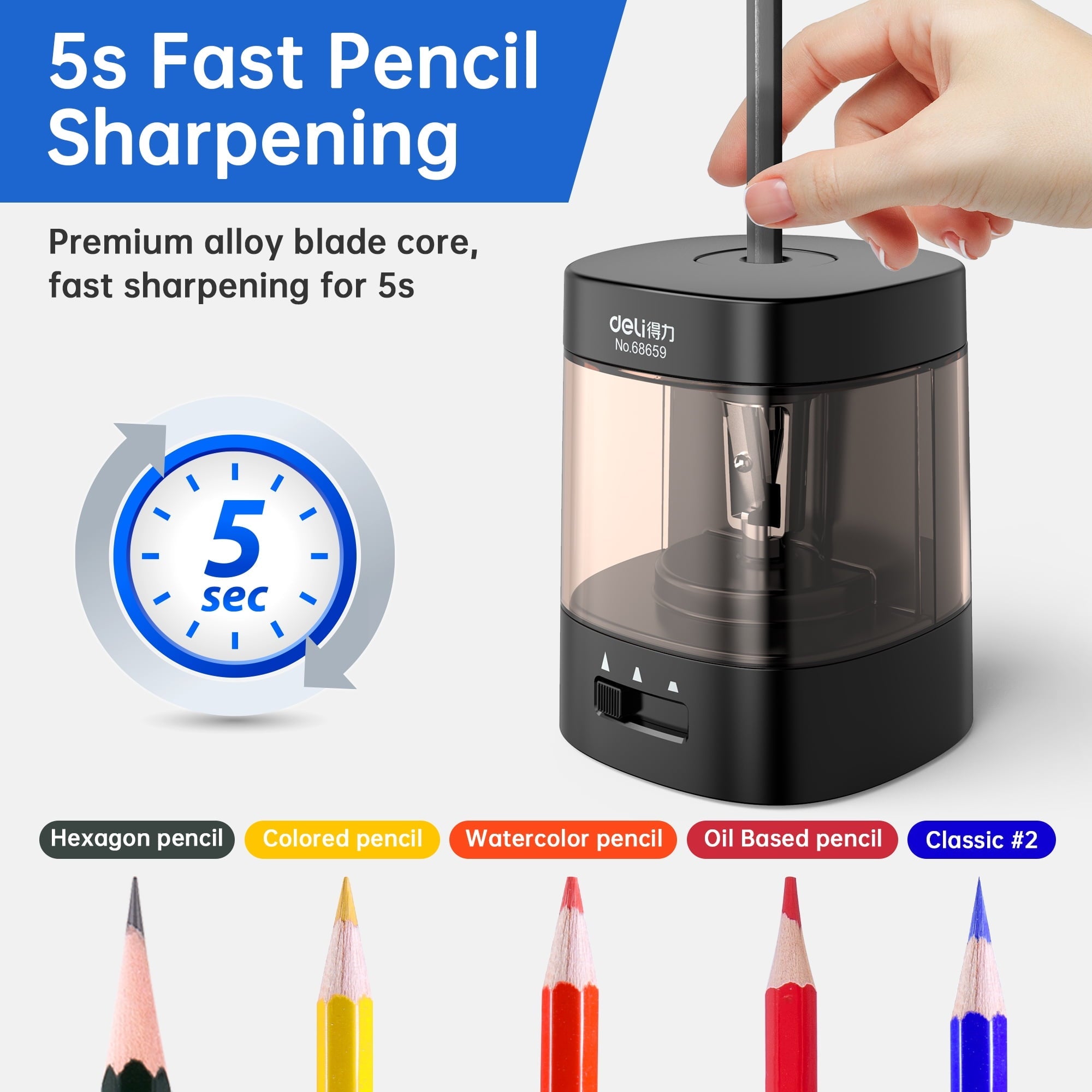 Deli Electric & Battery Pencil Sharpener. Automatic with Adjustable Thickness. Black