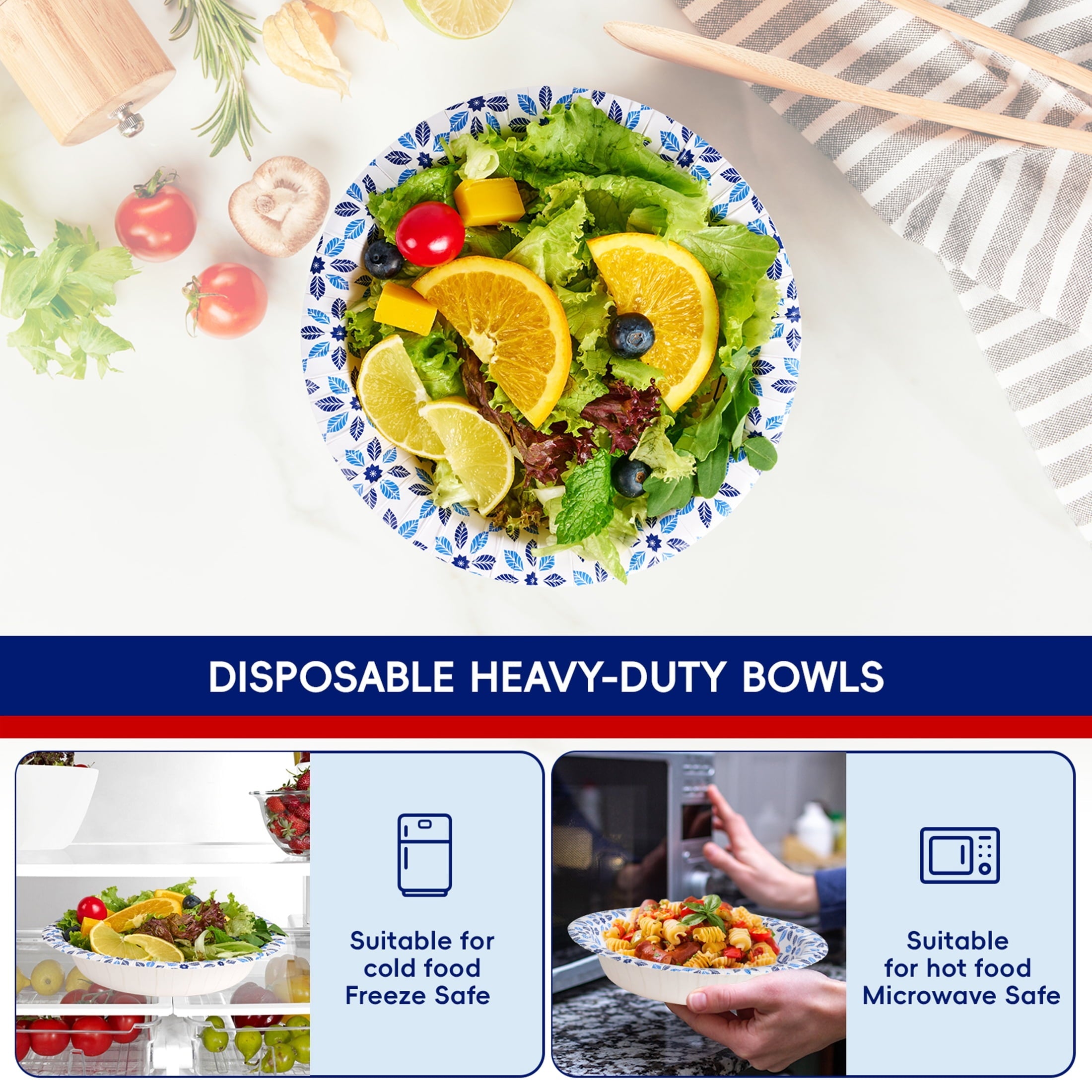 JOLLY CHEF Disposable Paper Bowls. Strong. Soak-Proof. Microwave Safe. 20 oz. Patterned. 150 Count