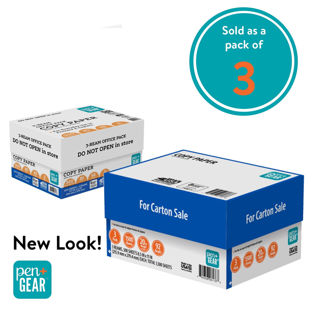 Pen+Gear Copy Paper. 8.5 x 11. 92 Bright. White. 20 lb.. 3 Ream Case (1.500 Sheets)