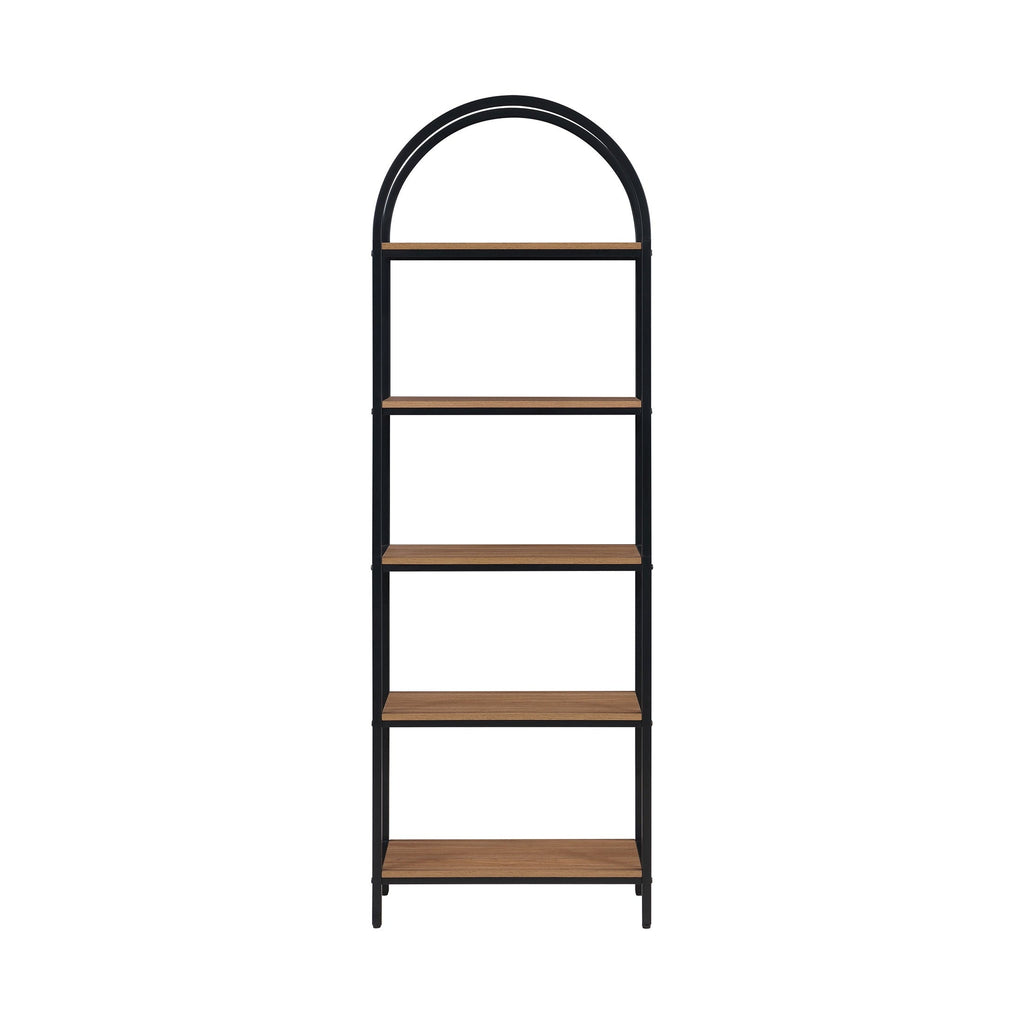 Mainstays 5-Shelf Metal and Wood Arch Open Bookcase. Warm Walnut