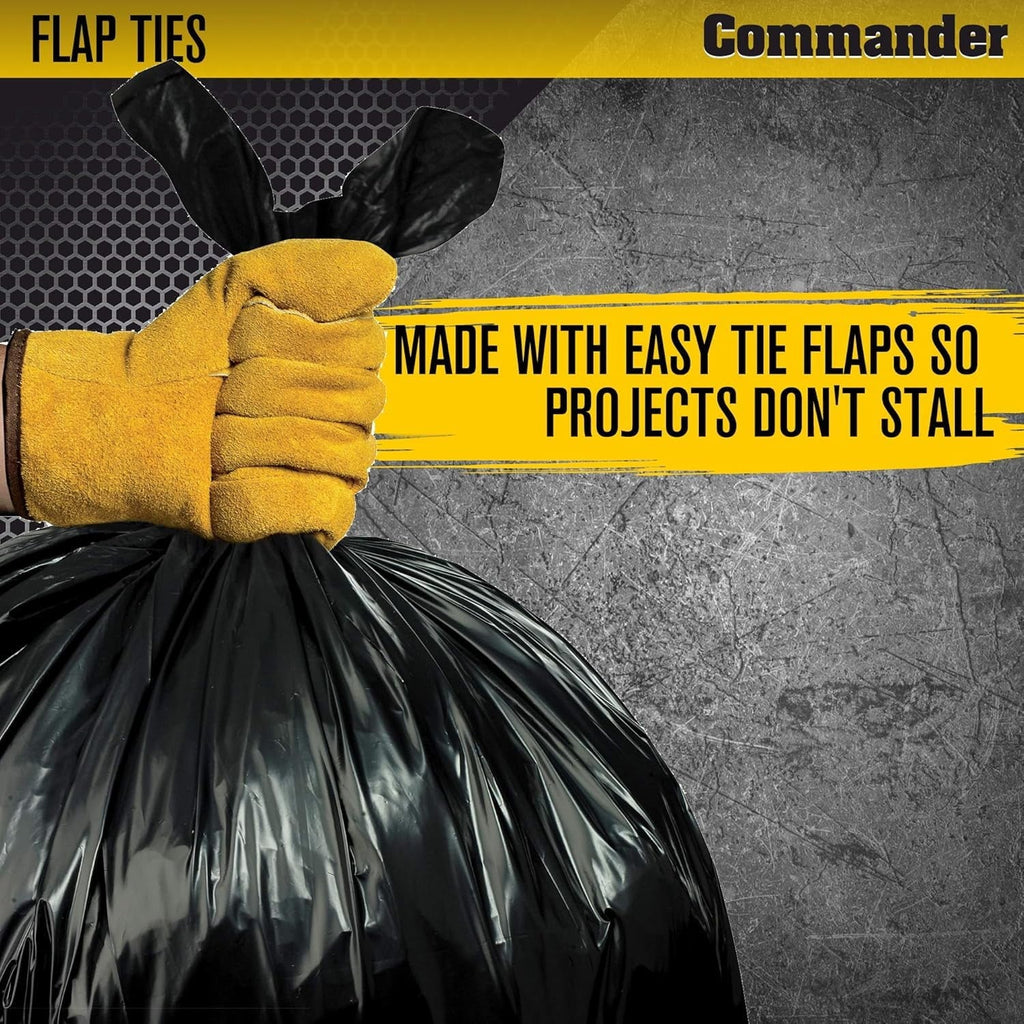 Commander 55 Gallon 3 MIL (eq) Heavy Duty Contractor Bags with Flap Ties - 36 x 56 with flaps - Pack of 10 - For Contractor. Industrial. & Outdoor