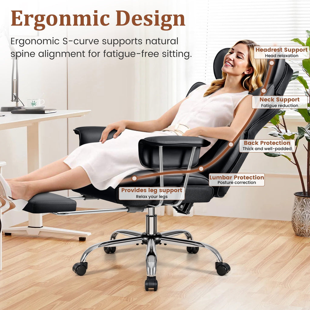 COOLHUT Big and Tall Office Chair 500LBS Wide Seat Ergonomic Computer Desk Chair. PU Leather Executive Office Chair with Footrest. Adjustable Task Chair Lumbar Back Support 8 Hour. Black
