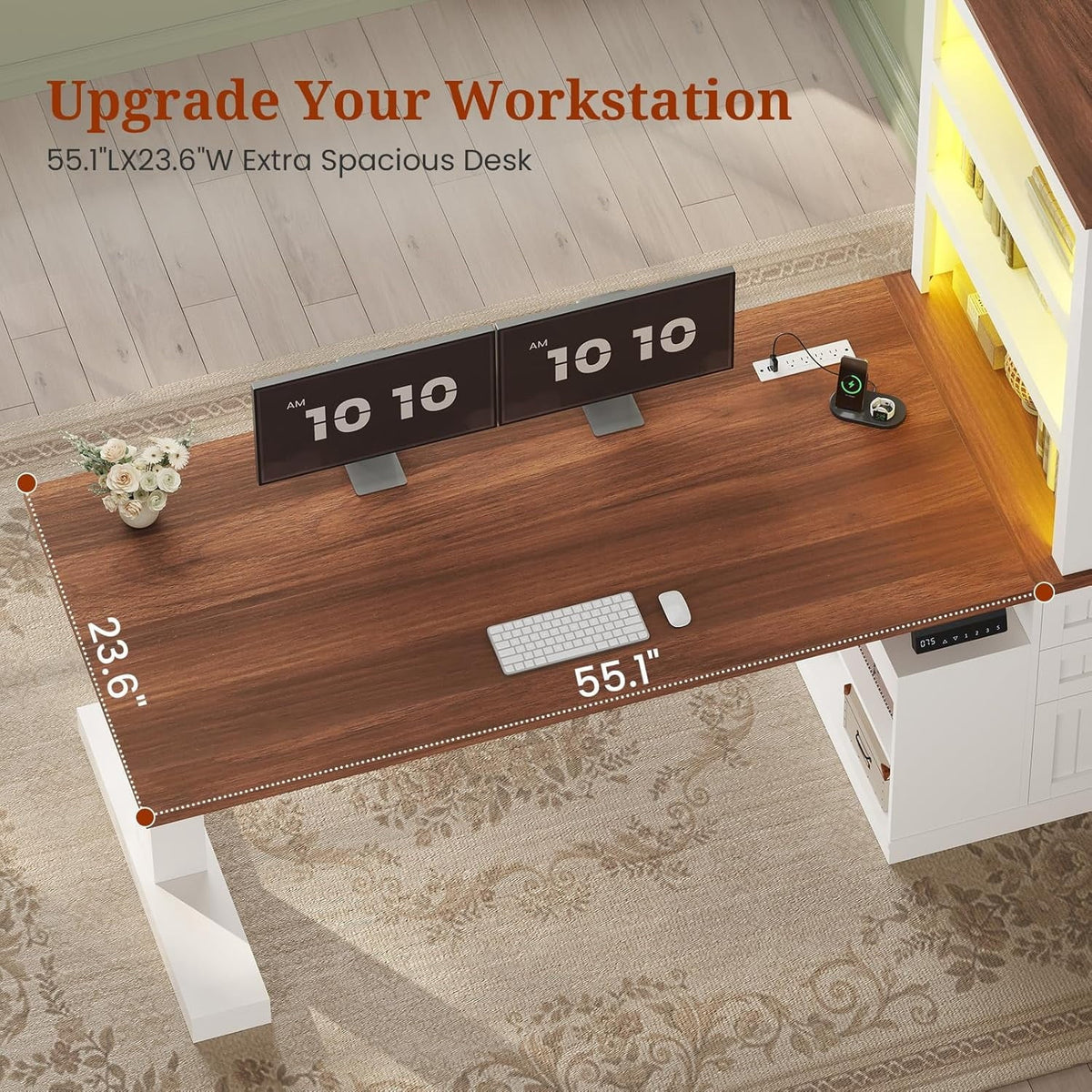 Farmhouse Standing Desk Adjustable Height with 3-Tier Bookcase. 70 Executive Electric Office Desk with Power Outlets and Led Light. Sit Stand Computer Desk with Storage Shelves. File Drawers. White