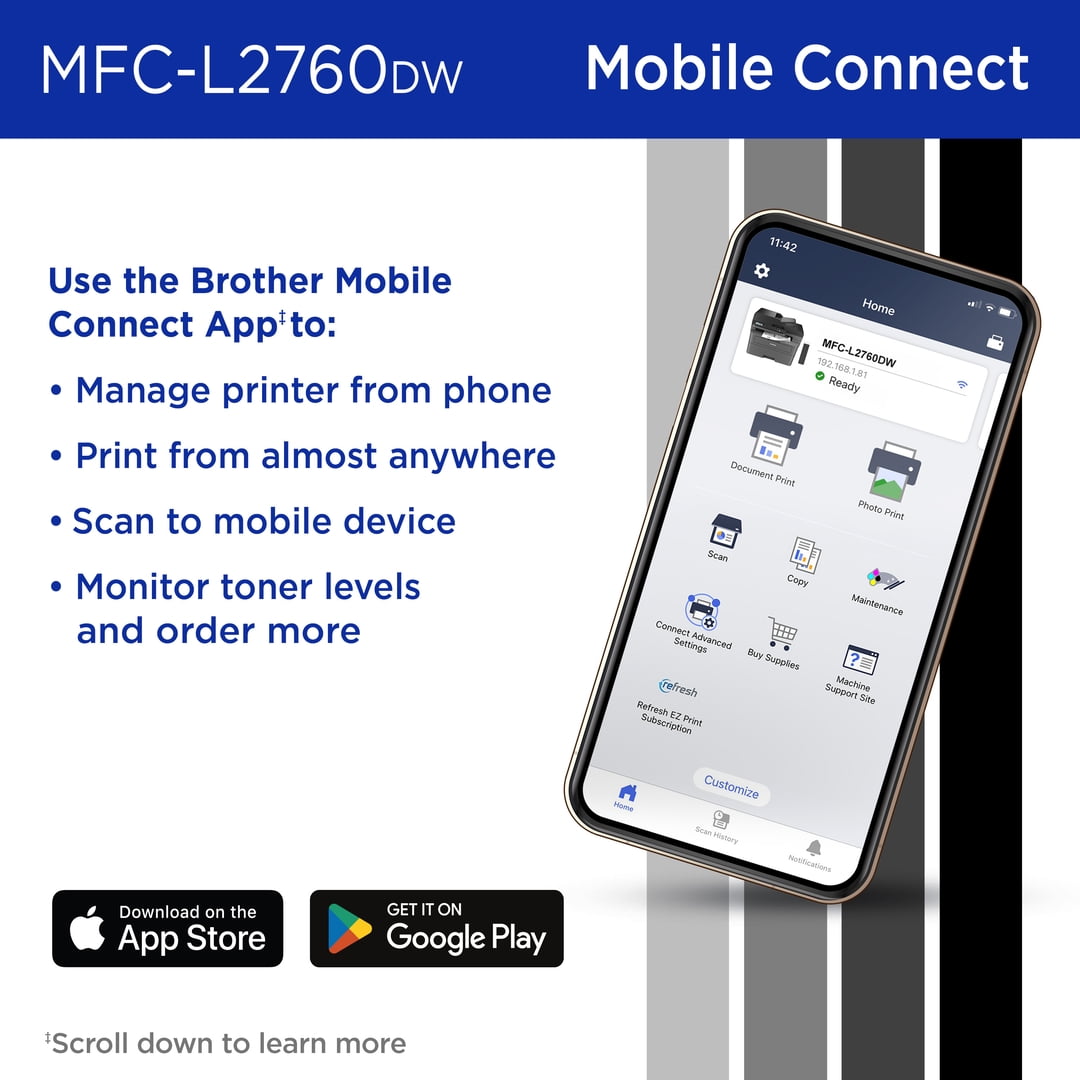 Brother Wireless MFC-L2760DW Compact Monochrome All-in-One Laser Printer with Copy. Scan and Fax. Duplex and Mobile Printing