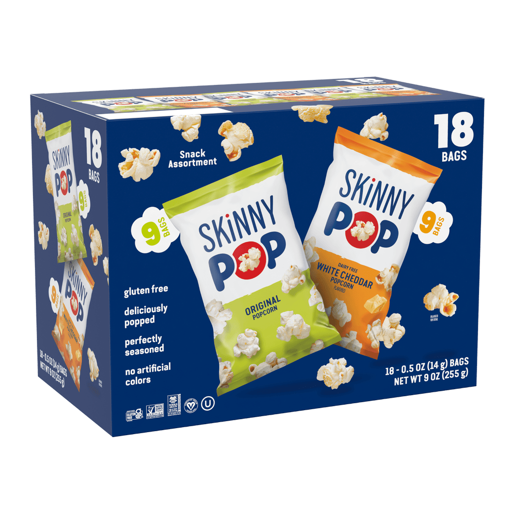 SkinnyPop Gluten-Free Original and Dairy-Free White Cheddar Popcorn Individual Snack Variety Pack. 0.5 oz Bag. 18 Count