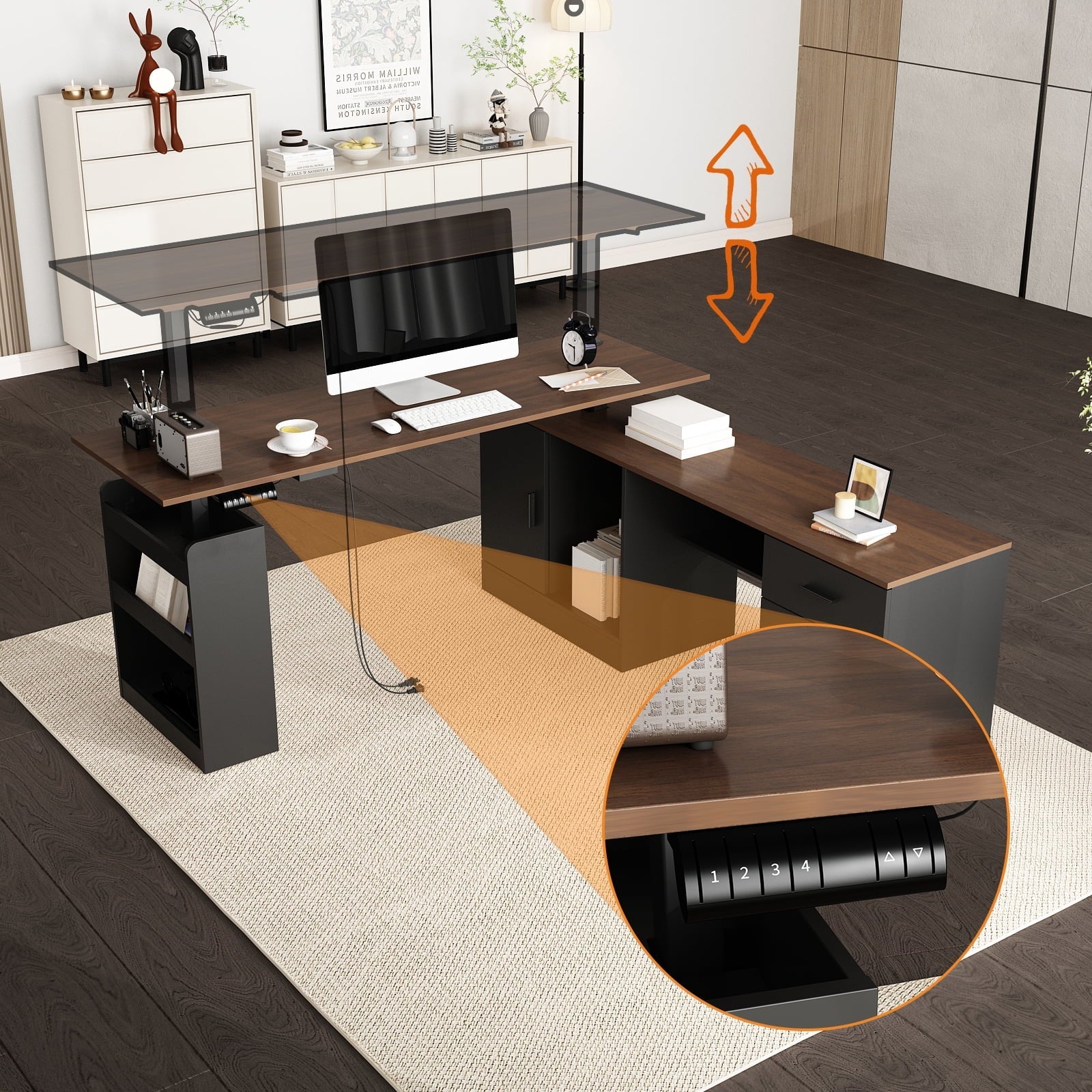 KULAGAGA Electric Standing Desk with Drawers and Shelves. Executive Adjustable Height Desk. L-Shaped Design. 63 inch Tabletop. for Office Deep Brown & Black