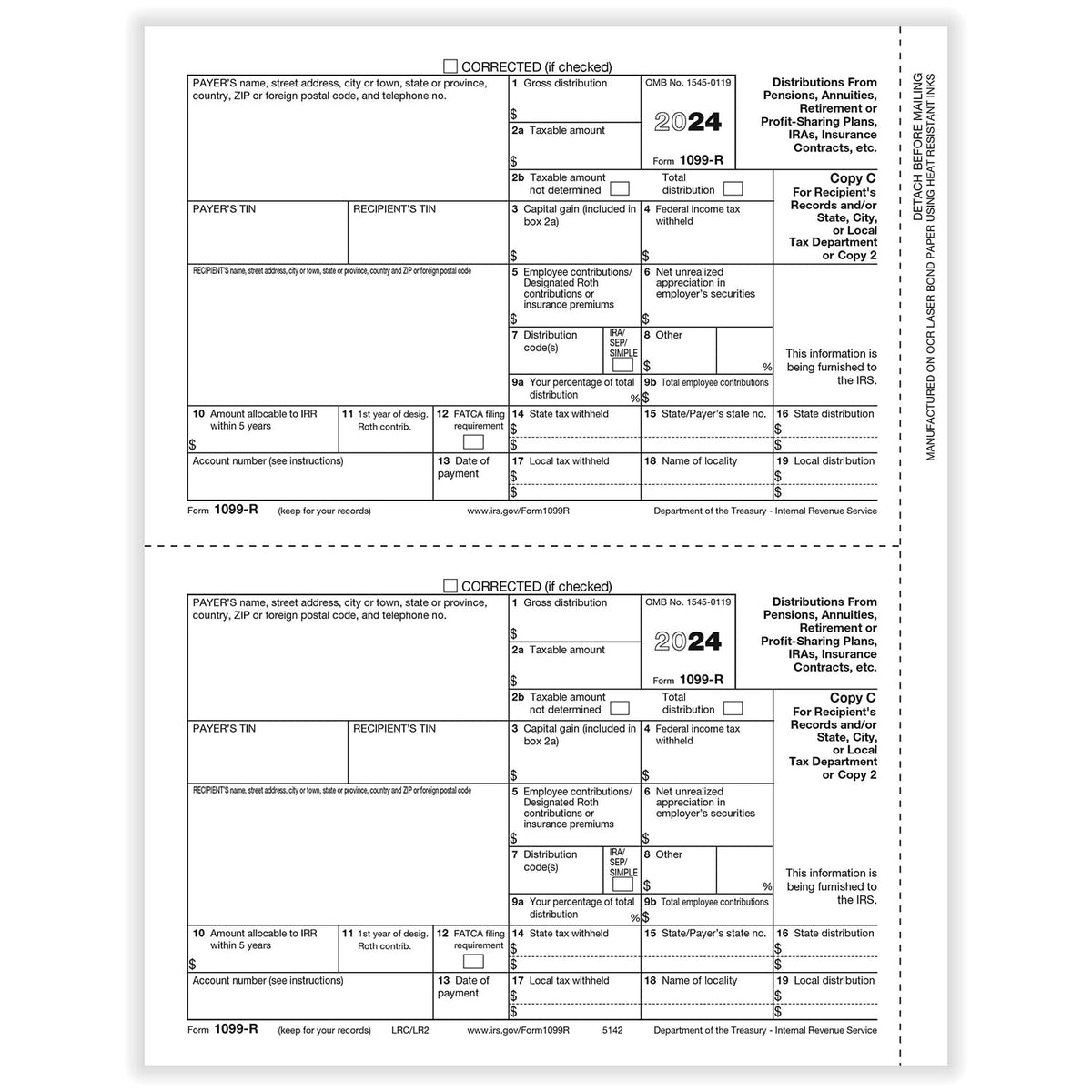 1099-R Recipient Copy C 2-Up. Pack of 50 Sheets. 100 Forms