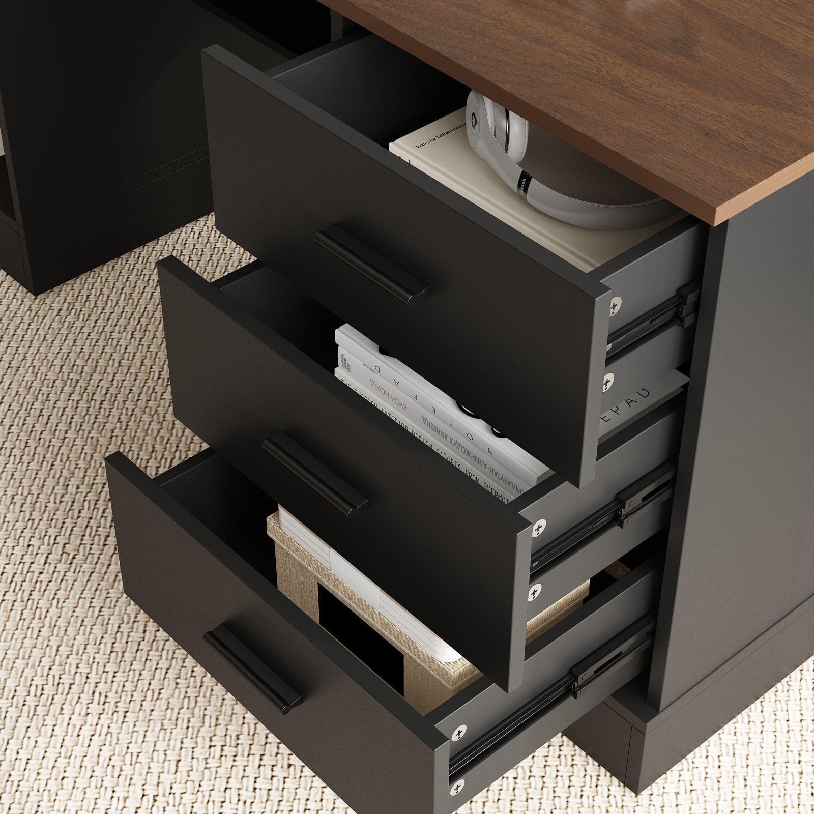KULAGAGA Electric Standing Desk with Drawers and Shelves. Executive Adjustable Height Desk. L-Shaped Design. 63 inch Tabletop. for Office Deep Brown & Black