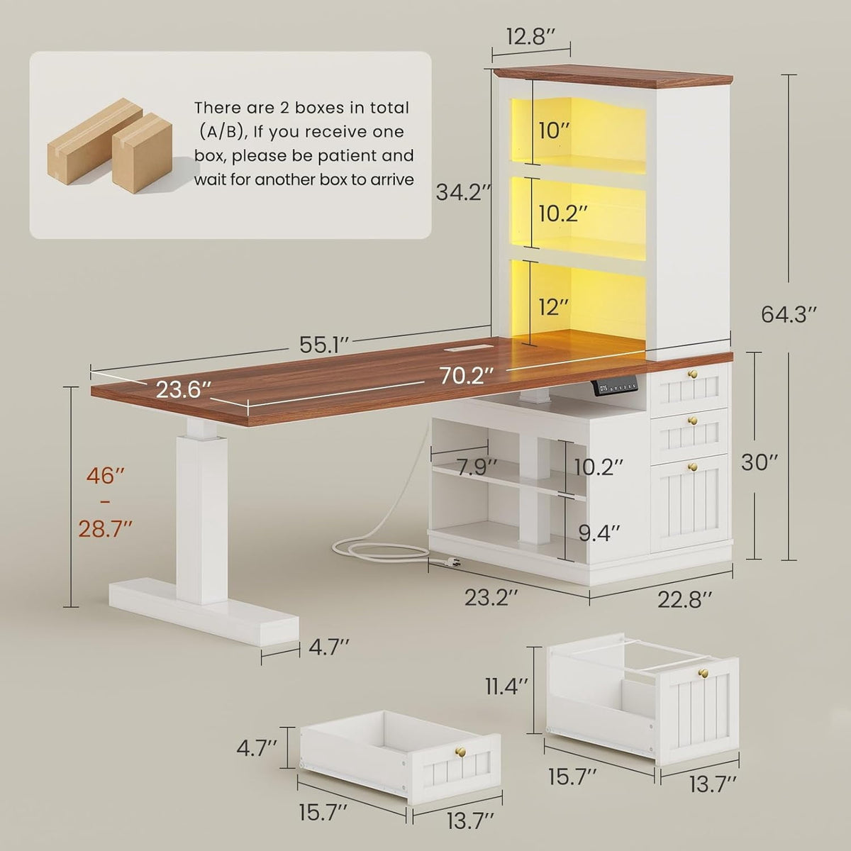 Farmhouse Standing Desk Adjustable Height with 3-Tier Bookcase. 70 Executive Electric Office Desk with Power Outlets and Led Light. Sit Stand Computer Desk with Storage Shelves. File Drawers. White