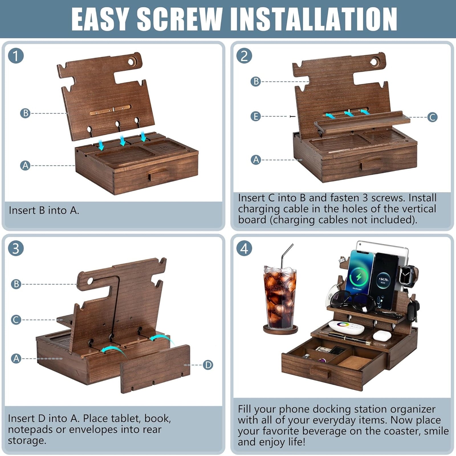Petyoung Wood Phone Docking Station for up to 3 Phones. Nightstand Organizer with Drawer & Coaster