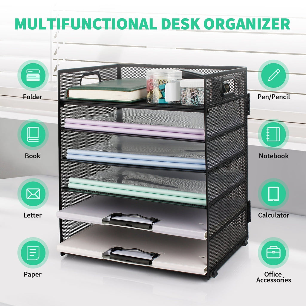 PHANCIR 6-Tier Mesh Desk Paper Organizer Tray with Handle. Black