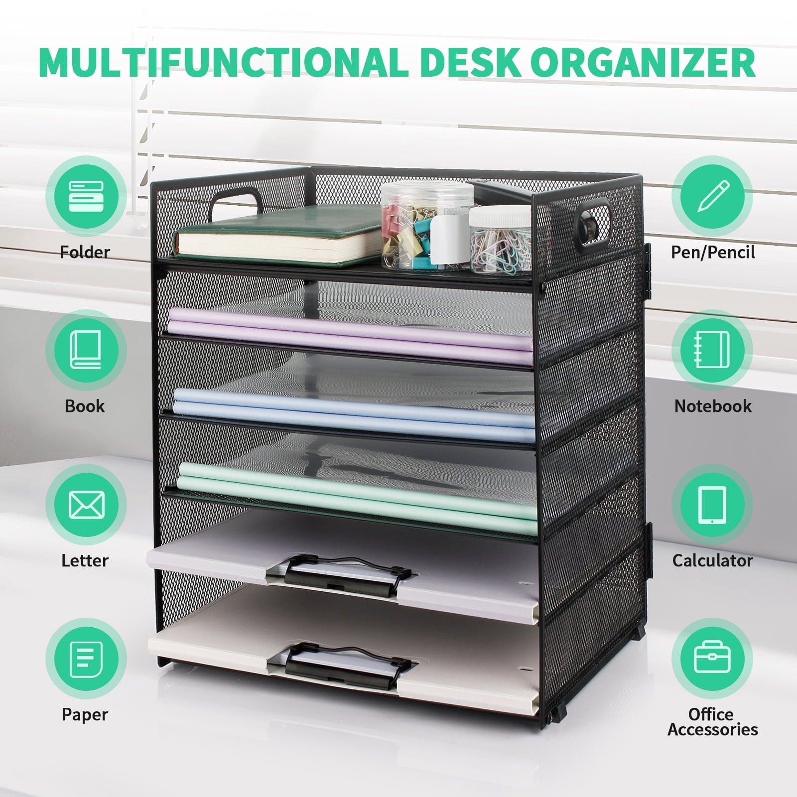 PHANCIR 6-Tier Mesh Desk Paper Organizer Tray with Handle. Black