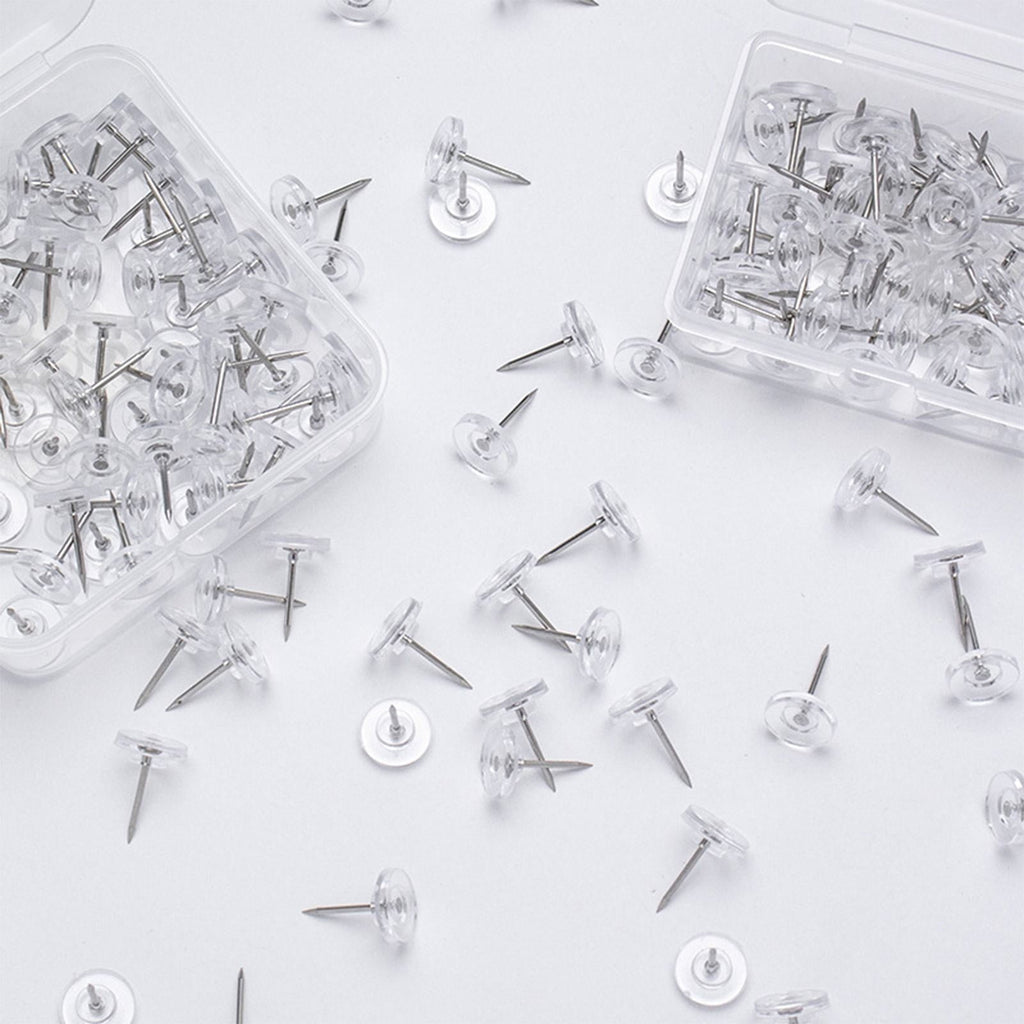 Clear Push Pins. Reusable Plastic Flat-Head Thumb Tacks for Cork Boards. Maps & Posters. 150-Count
