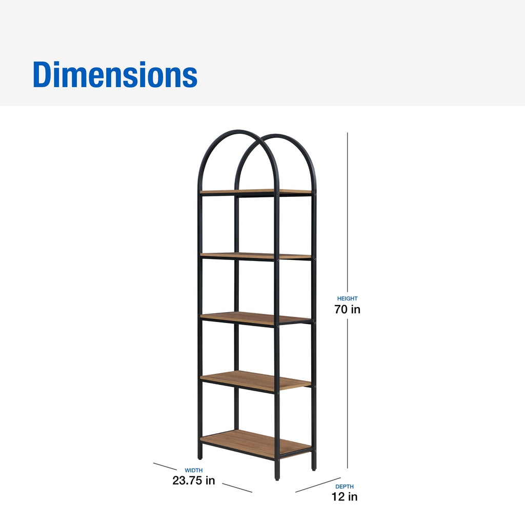 Mainstays 5-Shelf Metal and Wood Arch Open Bookcase. Warm Walnut