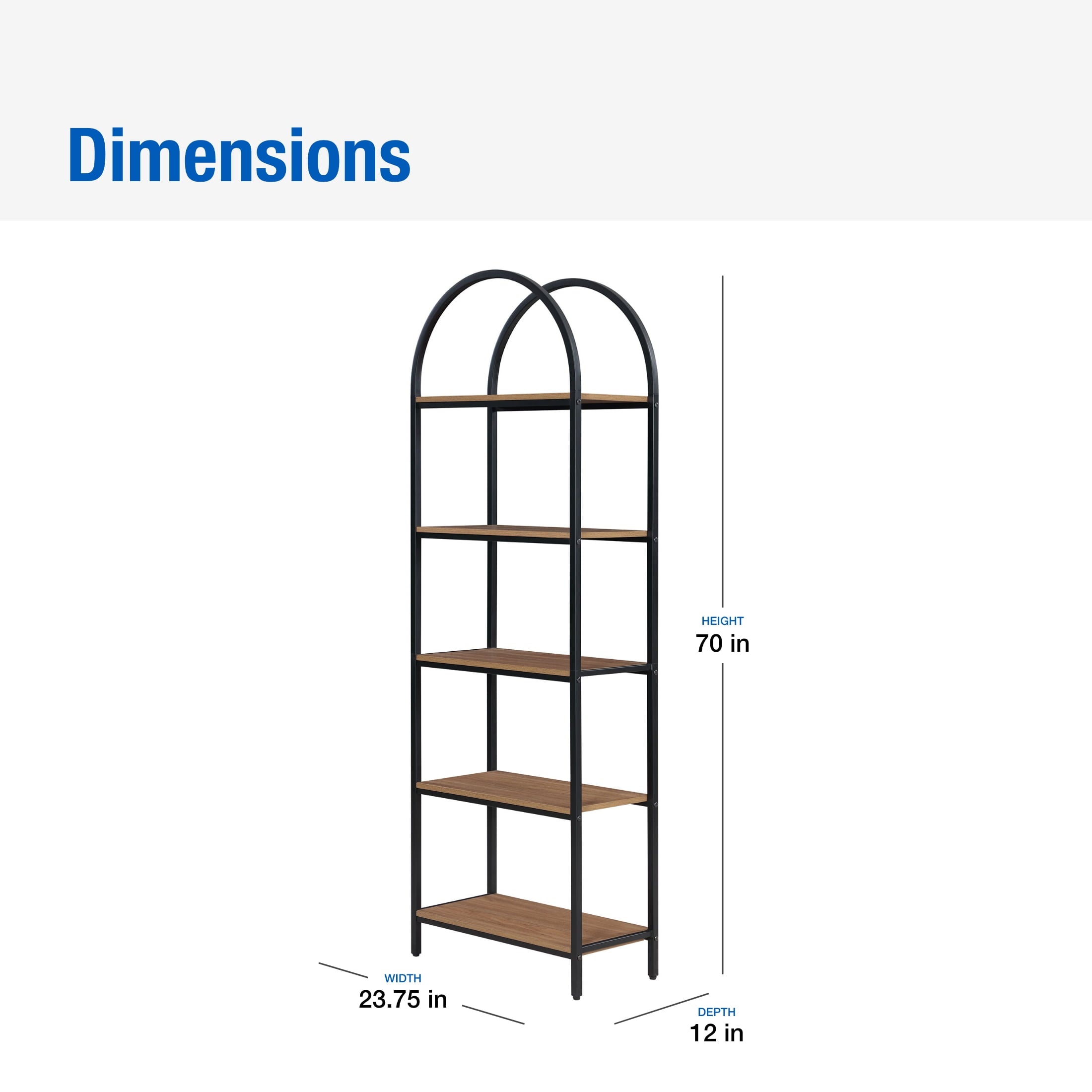 Mainstays 5-Shelf Metal and Wood Arch Open Bookcase. Warm Walnut