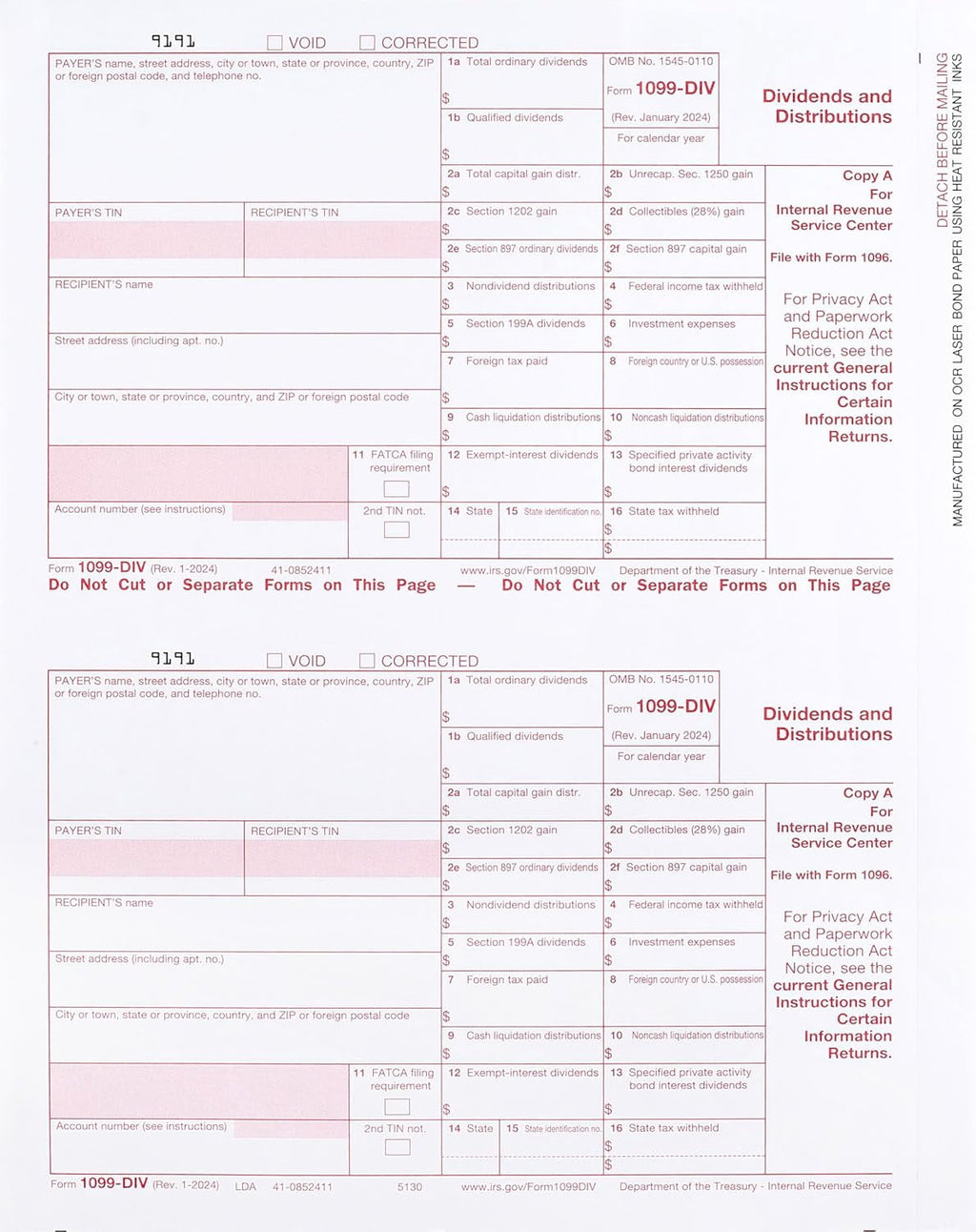 1099 DIV Tax Forms 4 Part 2025 - Kit for 25 Vendors 4-Part. Complete Laser DIV Dividends and Distribution Forms Value Pack. Compatible with QB and Accounting Software