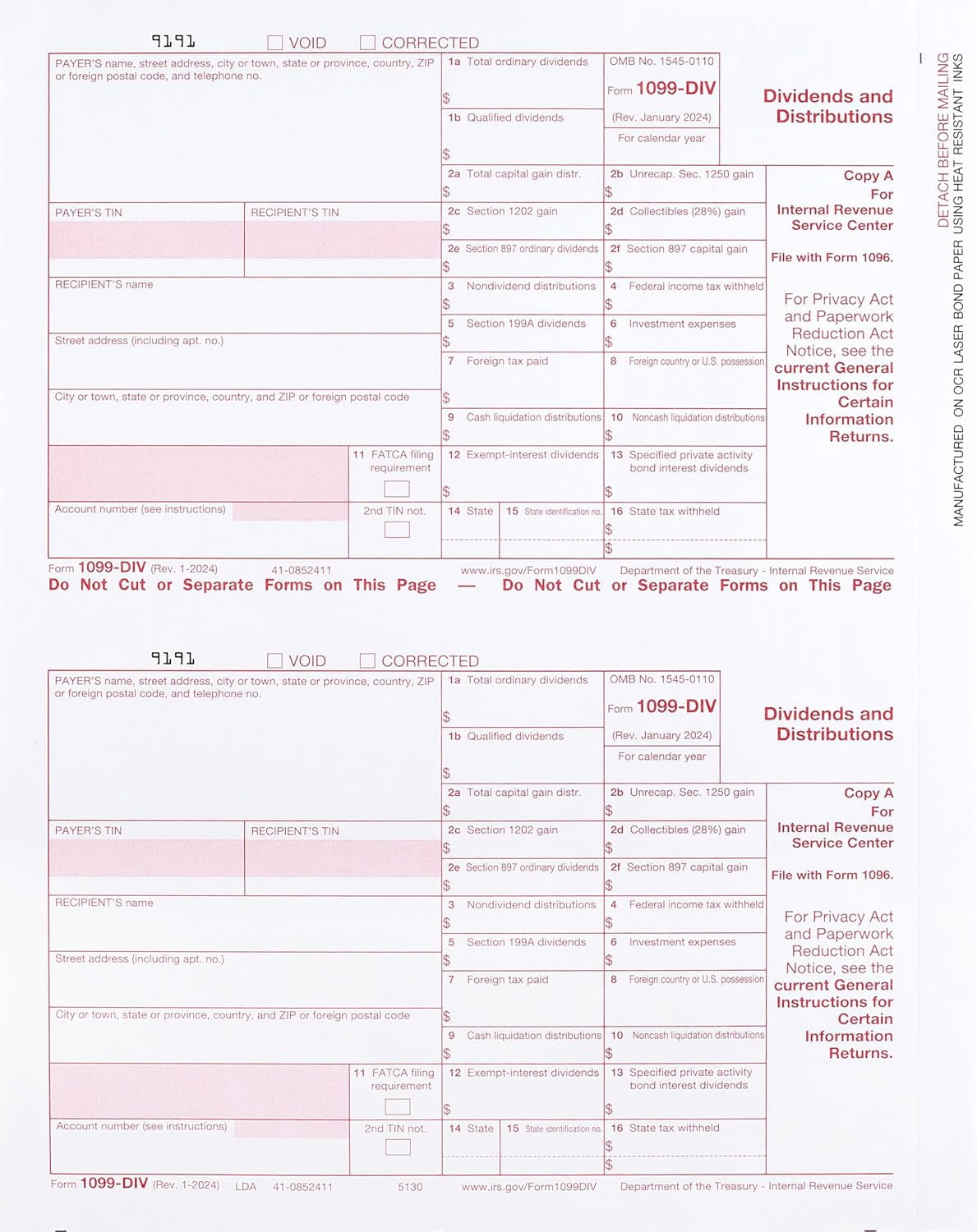 1099 DIV Tax Forms 4 Part 2025 - Kit for 25 Vendors 4-Part. Complete Laser DIV Dividends and Distribution Forms Value Pack. Compatible with QB and Accounting Software