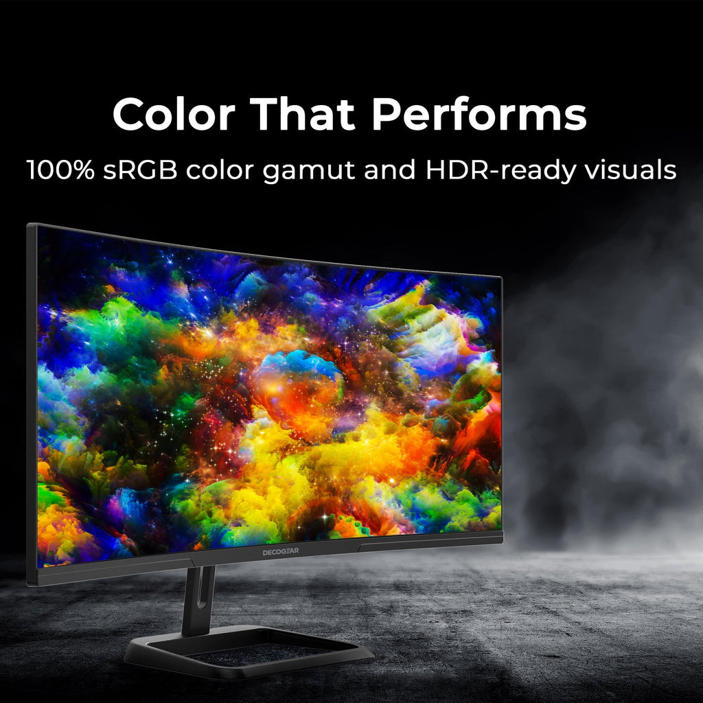 Deco Gear 34 Curved Monitor. UltraWide WQHD 3440x1440. 100Hz. 1ms. 99% sRGB. HDR. Low Blue Light. PIP/PBP. 2x HDMI. 2x DisplayPort - Business Productivity Display