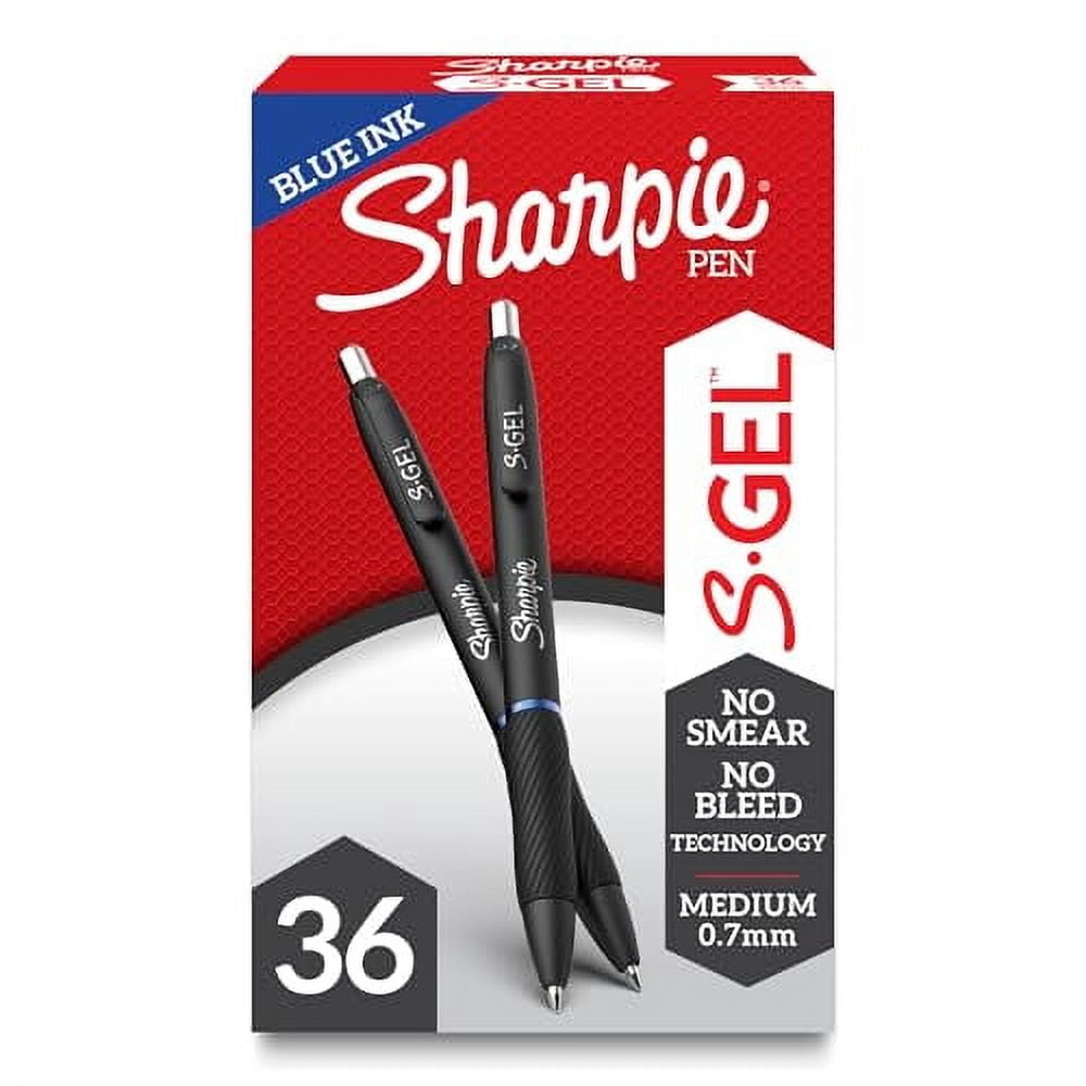 Sharpie S Gel Pens. Medium Point. 0.7 mm. Black/Blue Barrel. Blue Ink. Pack Of 36 Pens