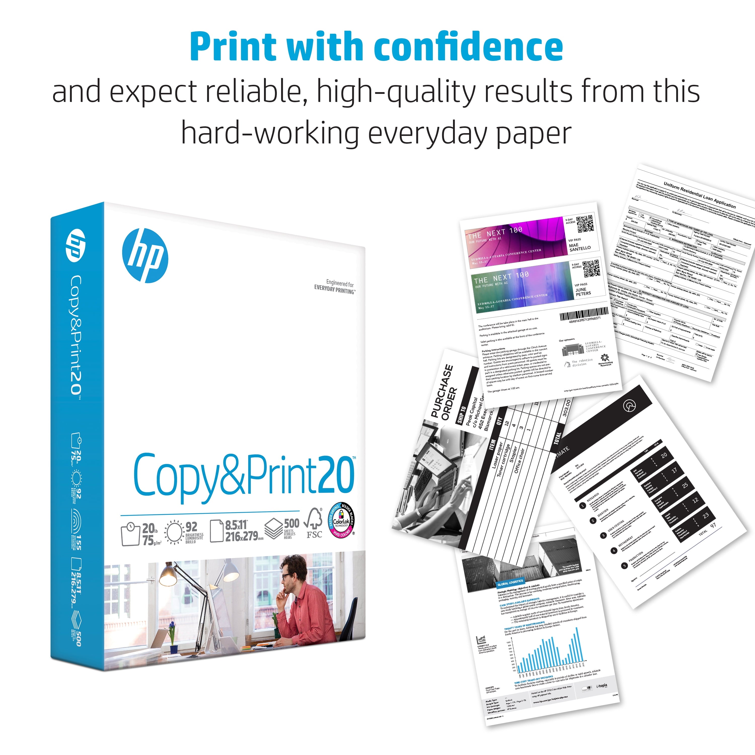 HP Printer Paper - Copy and Print. 20 lb.. 8.5 x 11. 2.400 Sheets. 6 Pack. White