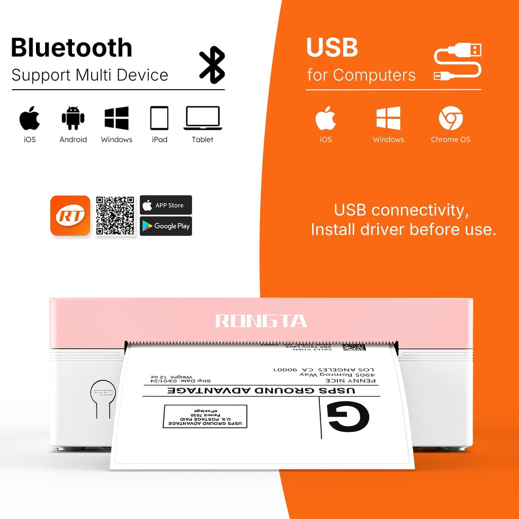 Rongta Bluetooth Shipping Label Printer. Wireless 4x6 Thermal Label Printer for Shipping Packages. Pink