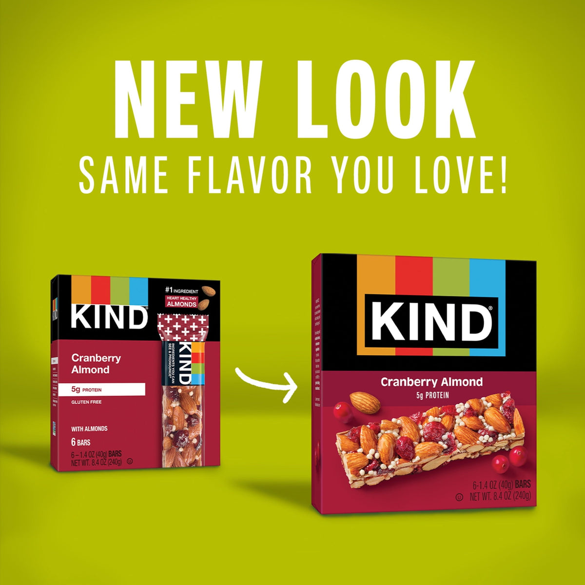 KIND Gluten Free Cranberry Almond Snack Bars. 1.4 oz. 6 Count. Cardboard Box