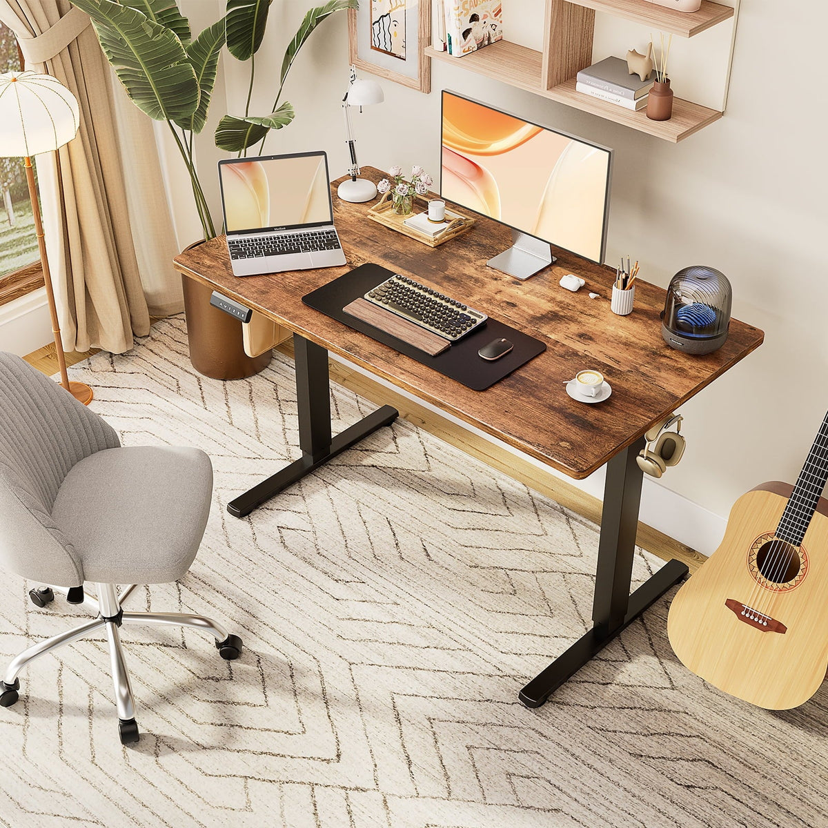 EDX Electric Adjustable Standing Desk - 63x24 Sit-to-Stand Office Desk with 2 Hooks & Wire Hole