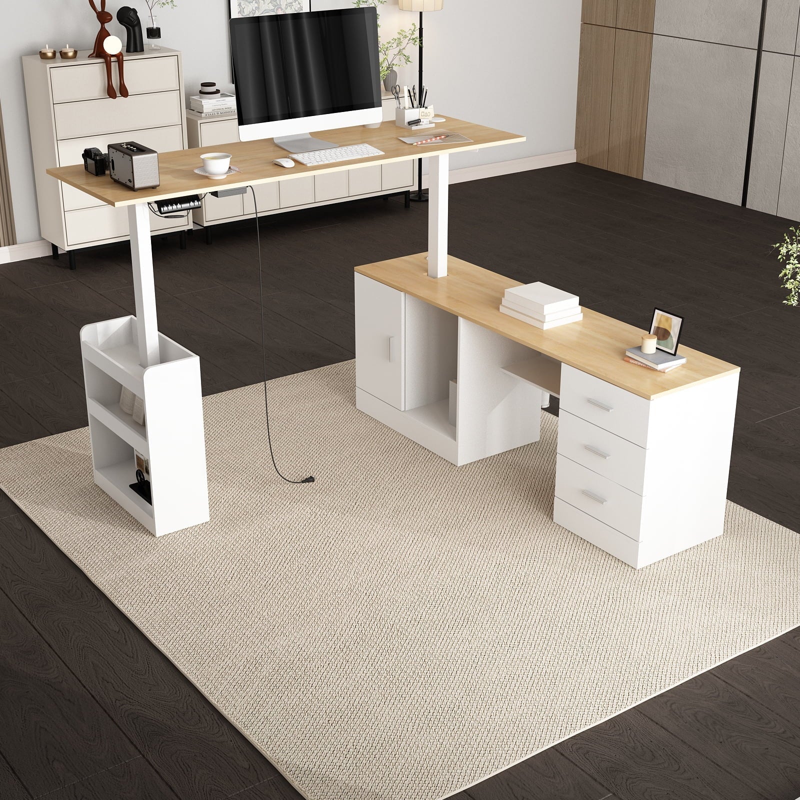 KULAGAGA Electric Standing Desk with Drawers and Shelves. Executive Adjustable Height Desk. L-Shaped Design. 63 inch Tabletop. for Office Deep Oak & White