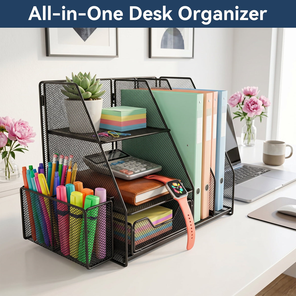WEEUSE Mesh Desk Organizer with Drawer & 2 Pen Holders. Black